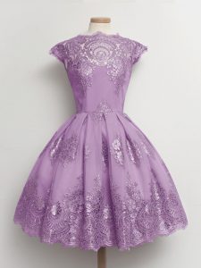 Sumptuous Lavender Vestidos de Damas Prom and Party and Wedding Party with Lace Scalloped Cap Sleeves Lace Up