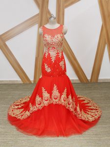 Hot Selling Coral Red Tulle Zipper Celeb Inspired Gowns Sleeveless Brush Train Beading and Lace and Appliques