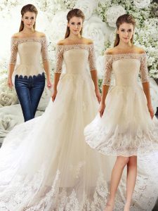 Most Popular Off The Shoulder Half Sleeves Tulle Wedding Gown Lace Court Train Clasp Handle