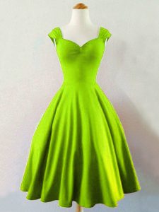 Dramatic Straps Sleeveless Quinceanera Court of Honor Dress Mini Length Ruching Yellow Green Taffeta