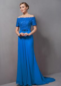 Flare Chiffon Off The Shoulder Short Sleeves Sweep Train Zipper Lace Mother of Groom Dress in Blue