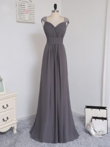 Grey Damas Dress Prom and Party and Wedding Party with Lace and Ruching Straps Cap Sleeves Brush Train Zipper