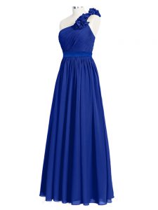 Royal Blue Chiffon Zipper Bridesmaids Dress Sleeveless Floor Length Ruffles and Ruching