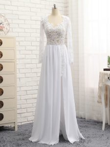 White Chiffon Zipper V-neck Long Sleeves Floor Length Lace and Appliques