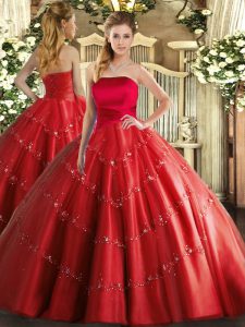 Shining Floor Length Lace Up Quince Ball Gowns Red for Military Ball and Sweet 16 and Quinceanera with Appliques