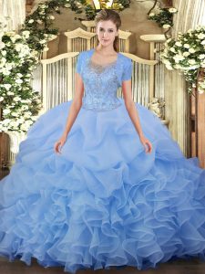 Glittering Aqua Blue Ball Gowns Scoop Sleeveless Tulle Floor Length Clasp Handle Beading and Ruffled Layers 15 Quinceanera Dress