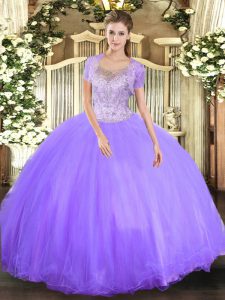 Admirable Lavender Tulle Clasp Handle Sweet 16 Dress Sleeveless Floor Length Beading