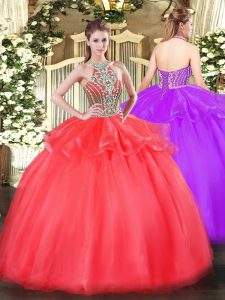 Gorgeous Coral Red Tulle Lace Up Sweet 16 Dresses Sleeveless Floor Length Beading and Ruffles