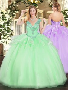 Super Apple Green Tulle Lace Up V-neck Sleeveless Floor Length Quinceanera Gowns Beading