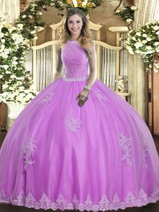 Shining High-neck Sleeveless Tulle Vestidos de Quinceanera Beading and Appliques Lace Up