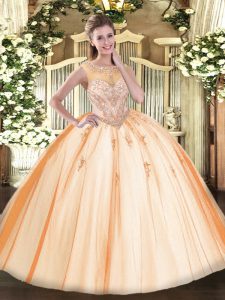 Fitting Sleeveless Tulle Floor Length Zipper Vestidos de Quinceanera in Peach with Beading and Appliques