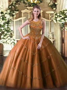 Luxury Rust Red Sleeveless Floor Length Beading and Appliques Zipper Quinceanera Dress