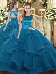 Graceful Floor Length Lace Up 15th Birthday Dress Teal for Military Ball and Sweet 16 and Quinceanera with Ruffles