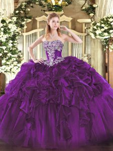 Wonderful Dark Purple Strapless Neckline Beading and Ruffles Ball Gown Prom Dress Sleeveless Lace Up