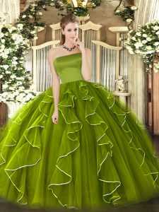 Glittering Ball Gowns Quinceanera Gown Olive Green Strapless Tulle Sleeveless Floor Length Zipper