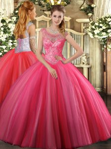 Smart Coral Red Sleeveless Tulle Lace Up Sweet 16 Dress for Sweet 16 and Quinceanera