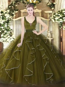 Sleeveless Tulle Floor Length Zipper Sweet 16 Dress in Olive Green with Beading and Ruffles