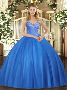 V-neck Sleeveless Quinceanera Gown Floor Length Beading Blue Tulle
