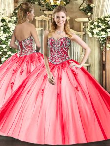 Custom Made Coral Red Ball Gowns Beading and Appliques 15 Quinceanera Dress Lace Up Tulle Sleeveless Floor Length