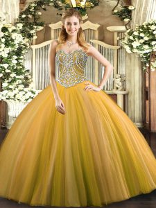 New Style Ball Gowns Quinceanera Dresses Gold Sweetheart Tulle Sleeveless Floor Length Lace Up