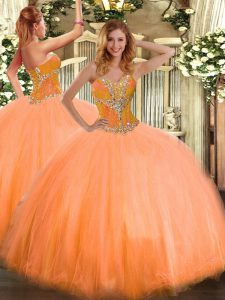 Sleeveless Tulle Floor Length Lace Up Quinceanera Dresses in Orange with Beading