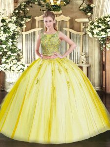 Yellow Two Pieces Tulle Scoop Sleeveless Beading and Appliques Floor Length Lace Up 15th Birthday Dress
