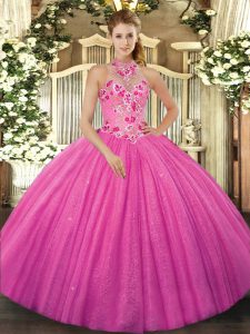 Top Selling Hot Pink Sleeveless Floor Length Beading and Embroidery Lace Up Quince Ball Gowns