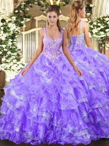 Comfortable Lavender Organza Lace Up Straps Sleeveless Floor Length 15th Birthday Dress Beading and Ruffled Layers