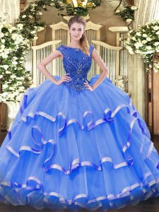 High Class Ball Gowns Quinceanera Dress Blue Scoop Organza Sleeveless Floor Length Zipper
