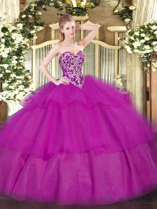 Flare Fuchsia Lace Up Quince Ball Gowns Beading and Ruffled Layers Sleeveless Floor Length