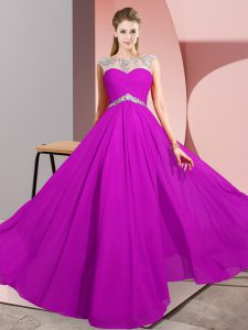 Fuchsia Chiffon Clasp Handle Prom Gown Sleeveless Floor Length Beading