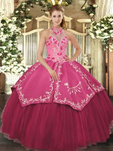 Glamorous Coral Red Lace Up Halter Top Beading and Embroidery 15th Birthday Dress Satin and Tulle Sleeveless