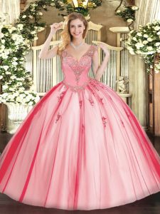 Most Popular Floor Length Lace Up 15 Quinceanera Dress Coral Red for Military Ball and Sweet 16 and Quinceanera with Beading