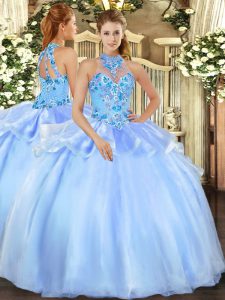 Sleeveless Floor Length Embroidery Lace Up Sweet 16 Dresses with Baby Blue
