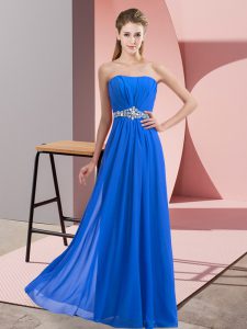 Gorgeous Blue Empire Chiffon Strapless Sleeveless Beading Floor Length Lace Up Prom Party Dress