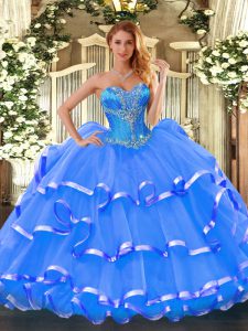 Sweet Beading and Ruffled Layers 15th Birthday Dress Blue Lace Up Sleeveless Floor Length