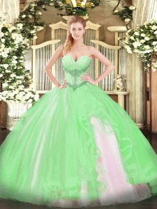 Gorgeous Tulle Sleeveless Floor Length Quince Ball Gowns and Beading and Ruffles