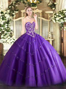 Purple Zipper Quince Ball Gowns Beading and Appliques Sleeveless Floor Length
