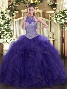 Floor Length Purple Quinceanera Gown Tulle Sleeveless Beading and Ruffled Layers