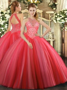 Dazzling High-neck Sleeveless Tulle Quinceanera Dress Beading Lace Up