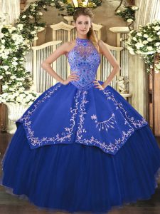 Dramatic Blue Ball Gowns Halter Top Sleeveless Tulle Floor Length Lace Up Beading and Embroidery Sweet 16 Dress
