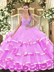 Elegant Lilac Organza Lace Up Straps Sleeveless Floor Length Quinceanera Gown Beading and Ruffled Layers