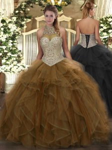 Designer Brown Ball Gowns Tulle Halter Top Sleeveless Beading and Ruffles Floor Length Lace Up Quinceanera Gowns