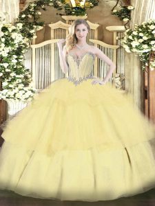 Edgy Gold 15 Quinceanera Dress Military Ball and Sweet 16 and Quinceanera with Beading and Ruffled Layers Sweetheart Sleeveless Lace Up