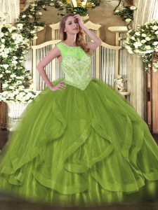 Olive Green Tulle Lace Up Scoop Sleeveless Floor Length Quinceanera Gown Beading and Ruffles