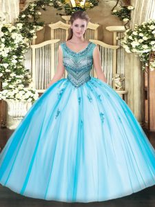 High Class Scoop Sleeveless Quinceanera Gown Floor Length Beading and Appliques Baby Blue Tulle