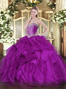 Dynamic Sleeveless Floor Length Beading and Ruffles Lace Up 15th Birthday Dress with Purple