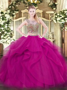 Fuchsia Sleeveless Tulle Lace Up Sweet 16 Dress for Military Ball and Sweet 16 and Quinceanera