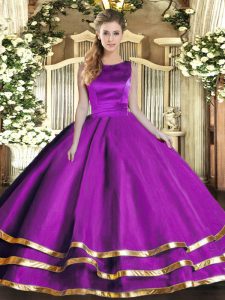Eggplant Purple Ball Gowns Scoop Sleeveless Tulle Floor Length Lace Up Ruffled Layers Sweet 16 Quinceanera Dress