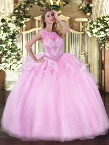 Fashion Pink Scoop Zipper Beading Vestidos de Quinceanera Sleeveless